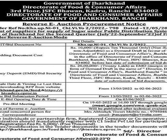 Tender: Directorate of Food & Consumer Affairs, Jharkhand Govt